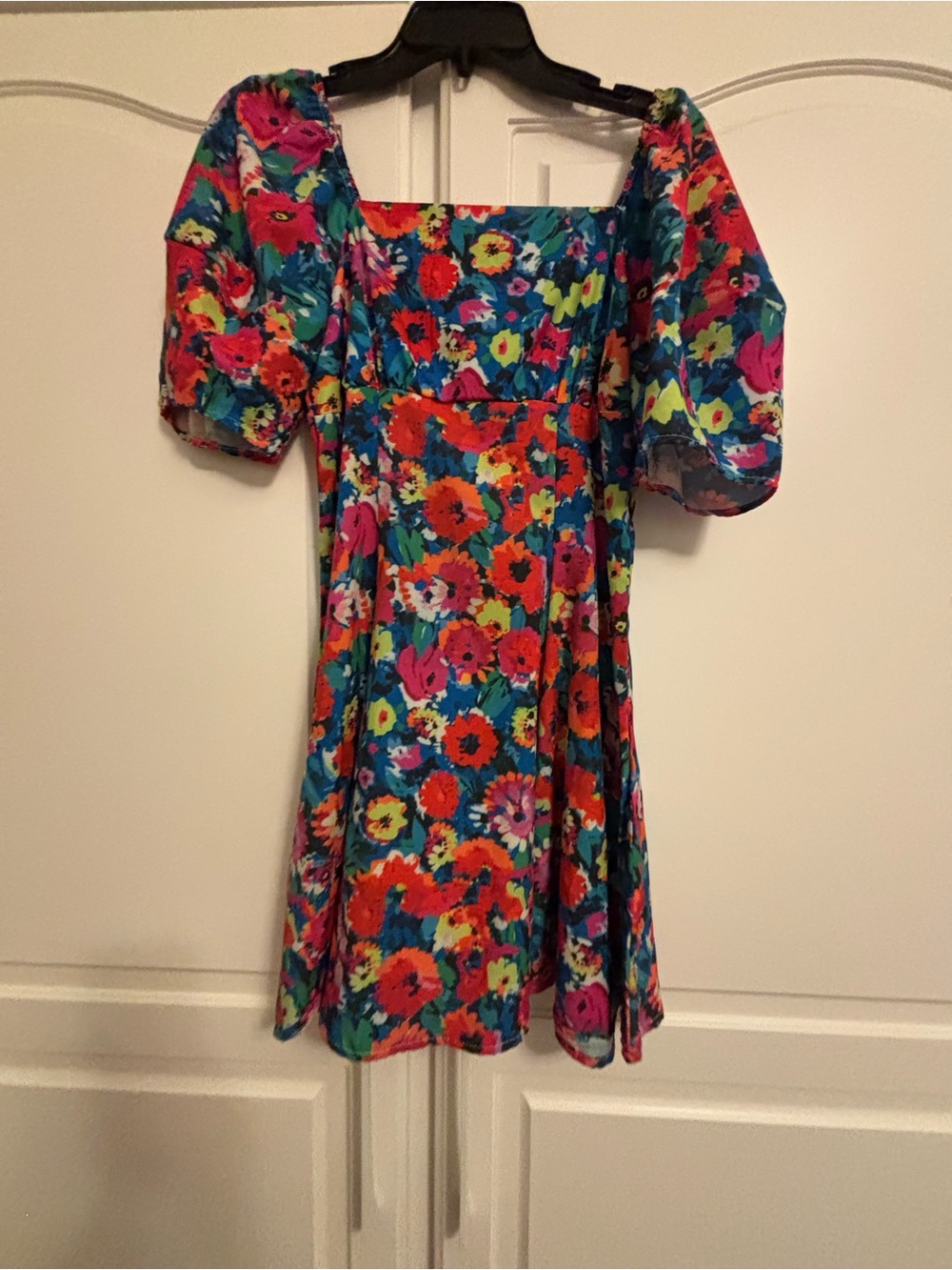 Women’s Floral Puff-Sleeve Square Neck Dress - Bright Multicolor